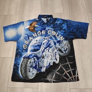 All Over Print Motorcycle Eagle Shirt Men XL Button Up Orange County Choppers